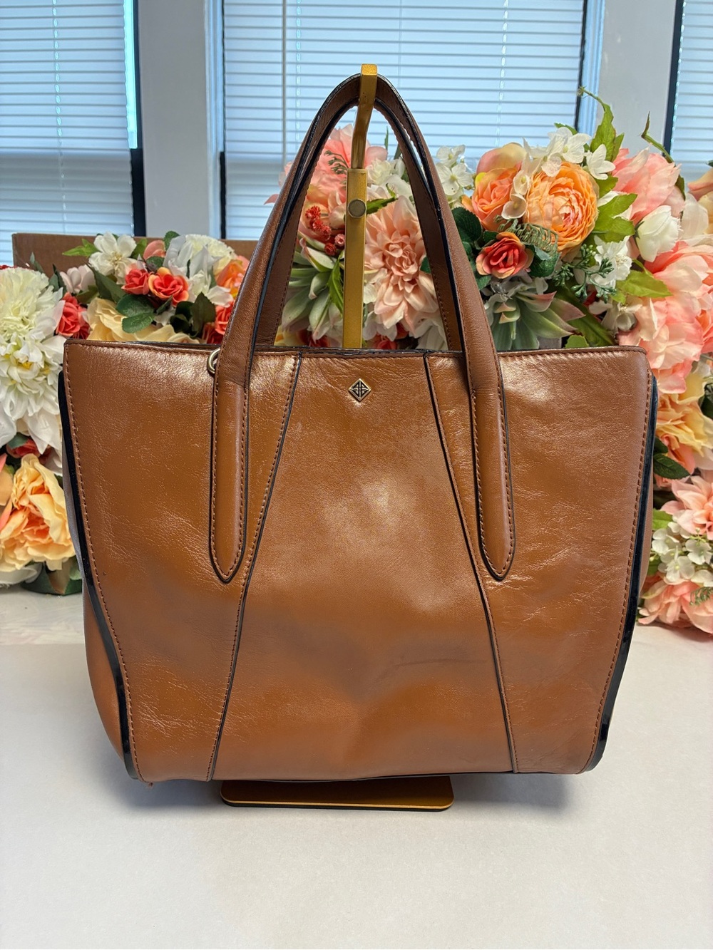 Antonio Melani Structured Leather Tote Bag Cognac Brown Black Trim Gold Hardware